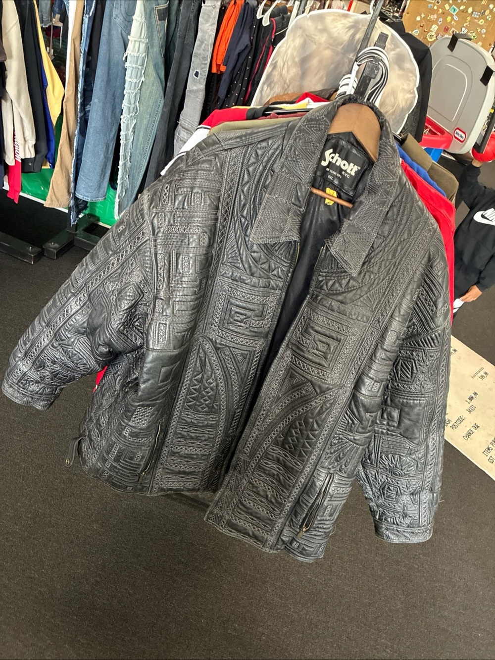 Vintage 90’s Schott NYC Leather Spellout Tribal Design Hip Hop Jacket Men’s 6XL